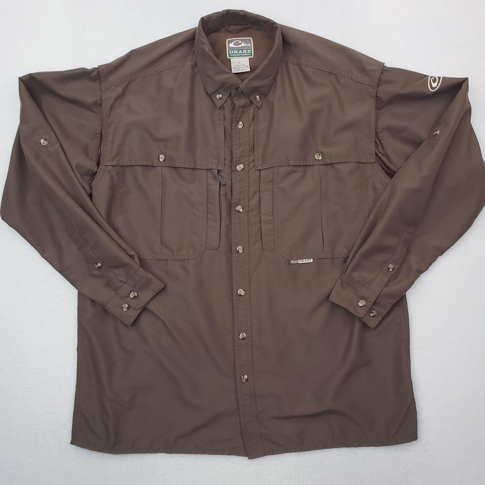 Drake Shirt Mens Large Brown Vented Mesh Back Fishing Button Up Long Sleeve